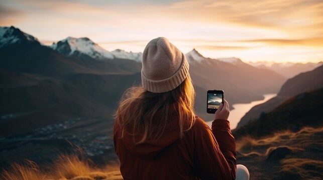 woman from back view Using a smartphone to take photos of mountain and river views at sunset