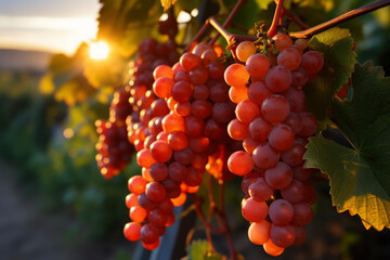 The morning sun plugs into the grape field planted on the farm and the fruits shine beautifully. A...