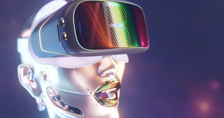 Robot girl cyborg wearing VR goggles headset, Cybernetic Technology artificial intelligence inside digital metaverse environment over Sci-fi glowing background
