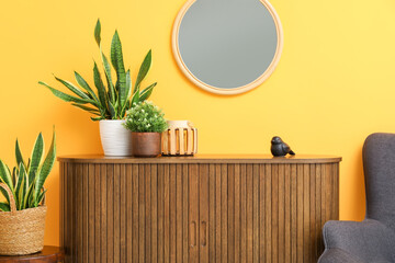 Brown wooden chest of drawers with houseplants, mirror and chair near orange wall