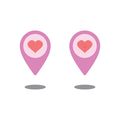 This vector illustration shows two pink location pins, each containing a red heart. They are placed side-by-side and cast grey shadows on a white background
