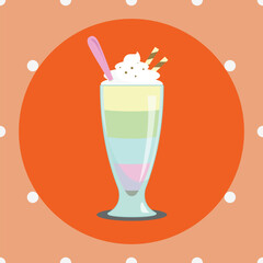 A layered milkshake with whipped cream, striped straws, and a pink spoon in a tall glass, set against an orange circle on a dotted beige background