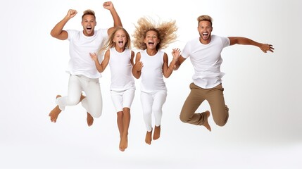 Big happy family jumping together in white outfits on a white background.