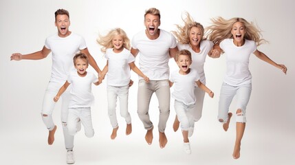 Obraz premium Big happy family jumping together in white outfits on a white background.