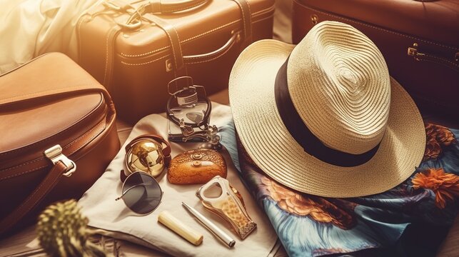 Travel essentials, Hat, Sunglasses, Bag, Map, Shoes on wooden background.