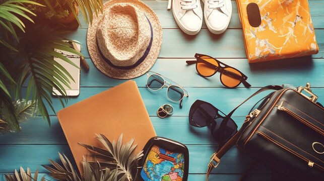 Travel essentials, Hat, Sunglasses, Bag, Map, Shoes on wooden background.