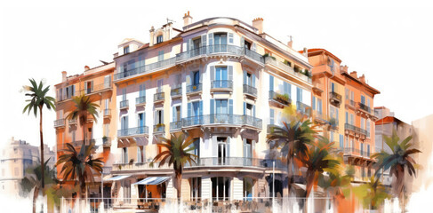 Fototapeta na wymiar Color illustration of Cannes architecture, France, isolated on a white background