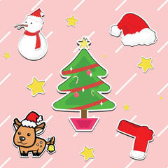 a light pink striped background showcases a decorated Christmas tree, a snowman, a reindeer wearing a Santa hat and bell, a Santa hat, a red stocking, and scattered yellow stars in a cute, cartoon sty