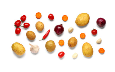 Potatoes with onion, garlic and cherry tomatoes on white background