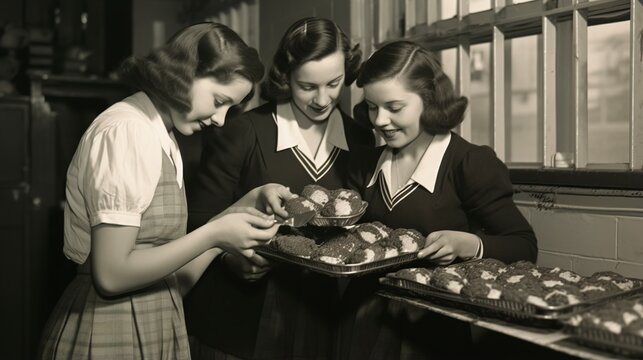 schoolgirls in home economics class taking muffins out of the oven. Generative AI.