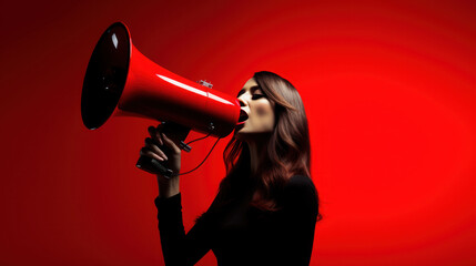 Megaphones woman in red suit