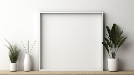 Empty vertical frame mockup in modern minimalist interior with plant in trendy vase on white wall background. Template for artwork, painting, photo or poster.