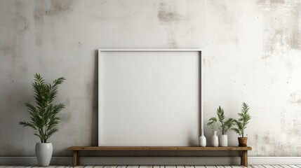 Empty vertical frame mockup in modern minimalist interior with plant in trendy vase on white wall background. Template for artwork, painting, photo or poster.