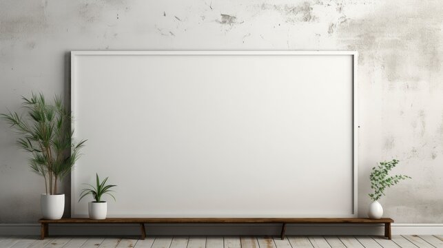 Empty vertical frame mockup in modern minimalist interior with plant in trendy vase on white wall background. Template for artwork, painting, photo or poster.