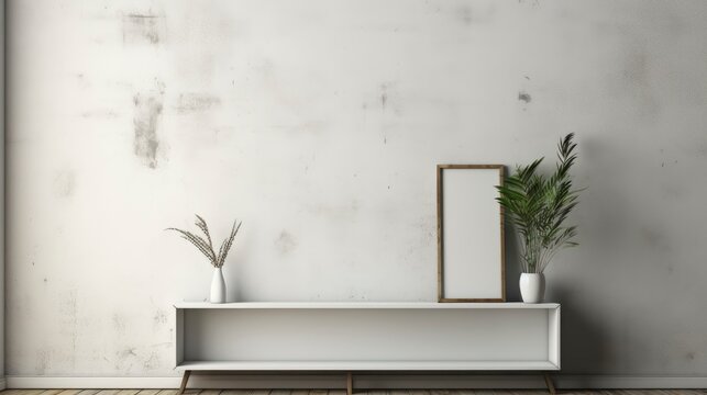 Empty Vertical Frame Mockup In Modern Minimalist Interior With Plant In Trendy Vase On White Wall Background. Template For Artwork, Painting, Photo Or Poster.