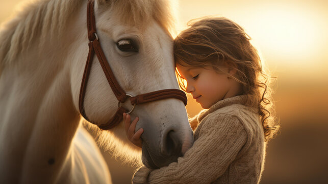 The child hug horse in the morning