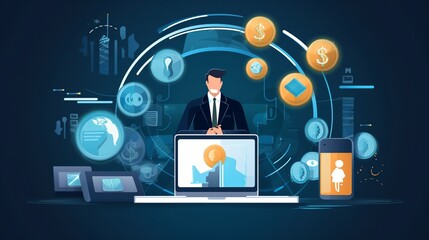 An illustration of a virtual assistant for business. All accounts, money, and cards are managed under one simple symbol on a smartphone. business vector graphics, mobile banking. Generative AI.