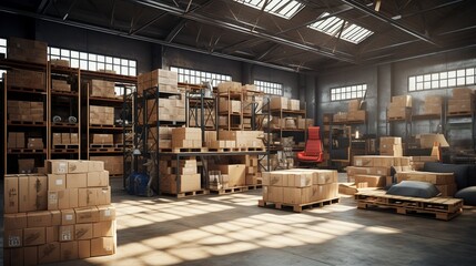 Pallets, shelves, and cartons fill the interior of the warehouse. Generative AI.