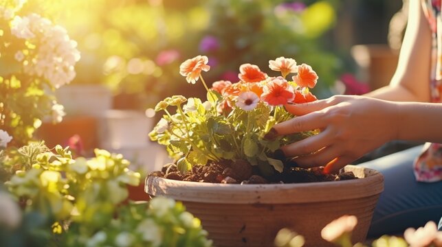 A woman's hands place flowers in a pot when it is sunny. Concept of horticulture and gardening. Generative AI.