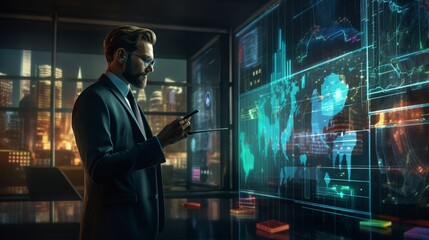 A businessman uses digital augmented reality visuals to examine the profitability of operating enterprises and to identify promising signs. He also computes the financial information. Generative AI.