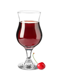 Glass of sweet cherry liqueur with berry on white background