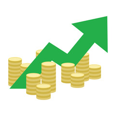 Vector illustration of golden coin stacks with a large green upward arrow, symbolizing financial growth. Simple, flat design on a white background