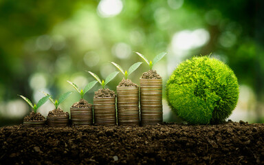 green business Coin piles and seedlings concepts are growing on top, finance and investing in sustainability and carbon credits using renewable energy can limit climate change. - obrazy, fototapety, plakaty
