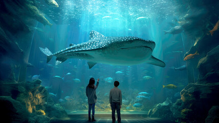 Fototapeta premium Boy and girl near the aquarium with a huge whale shark