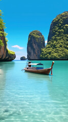 A Beautiful Beach Complete with Crystal-Clear Waters Pristine Sands, and Picturesque Long-Tail Boats