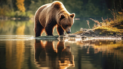 Brown bear grizzly at the watering hole. - obrazy, fototapety, plakaty