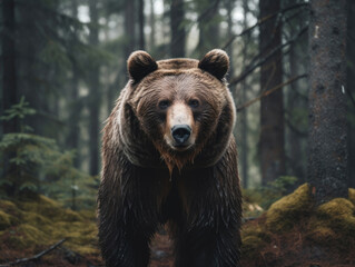 Fototapeta premium Brown bear walking slowly through the forest.