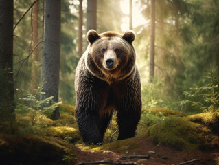 Fototapeta premium Brown bear walking slowly through the forest.