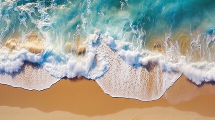 Fototapeta na wymiar Beautiful Tropica Wave on Empty Beach Gold Sand Deep Blue Water Shoreline Aerial View Seascapes Generative AI