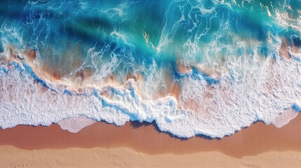 Fototapeta na wymiar Ocean Wave on Coastal Zone, white Sand Deep Blue Water Drone View AI Generative