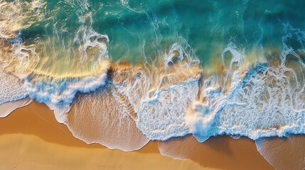 Obraz premium Beautiful Tropica Wave on Empty Beach Gold Sand Deep Blue Water Shoreline Aerial View Seascapes Generative AI