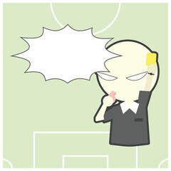 Football or soccer referee hold yellow card cartoon object on green background, vector illustration