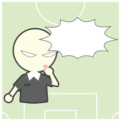 Football or soccer referee hold whistle cartoon object on green background, vector illustration