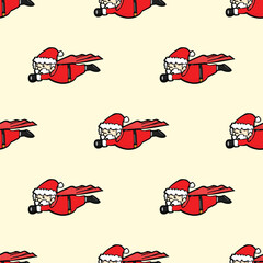 A seamless pattern featuring cartoon-style flying Santa Claus figures on a light beige background, perfect for festive designs.