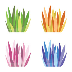 Four colorful, stylized grass clumps: green/yellow, orange/yellow, pink/purple, and blue/purple. Simple, flat vector illustrations
