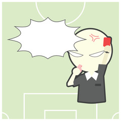 Football or soccer referee hold red card cartoon object on green background, vector illustration