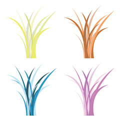 A set of four colorful stylized grass tufts in yellow, orange, blue, and purple, presented as isolated vector illustrations.