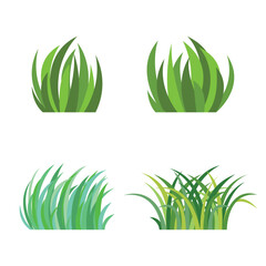 Four cartoon-style green grass illustrations: two simple upright clumps, one flowing teal/light green patch, and one dense dark/light green with yellow. Flat vector style