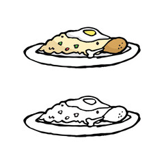 wo cartoon plates of food are shown. The top one is in color, featuring yellow fried rice with red, green, and yellow bits, a sunny-side-up egg, and a brown chicken leg