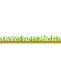 A strip of stylized green grass with light brown soil underneath is shown against a white background. The grass blades vary in shade, creating a sense of depth
