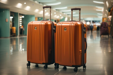 Two carry on suitcases at an airport, in ocre and cyan colors. Generative AI.