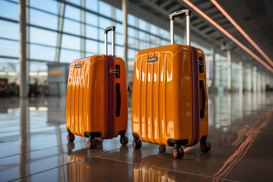 Two orange carry on suitcases at an airport. Generative AI.