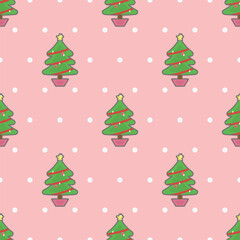 a repeating pattern of cartoon Christmas trees on a light pink background with white polka dots. Each tree is green with a red garland, a yellow star on top, and is planted in a pink pot