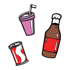 Cartoon drawings of a purple soda cup with straw, a red and white soda can, and a brown soda bottle with a red label