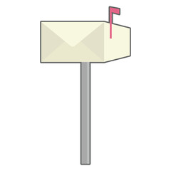 a cartoon-style mailbox. The mailbox is light beige with a grey post and a pink flag. There is a stylized envelope depicted on the front of the mailbox. The background is white