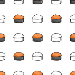 Cute hand-drawn seamless vector pattern featuring stylized sushi gunkan maki rolls on a white background